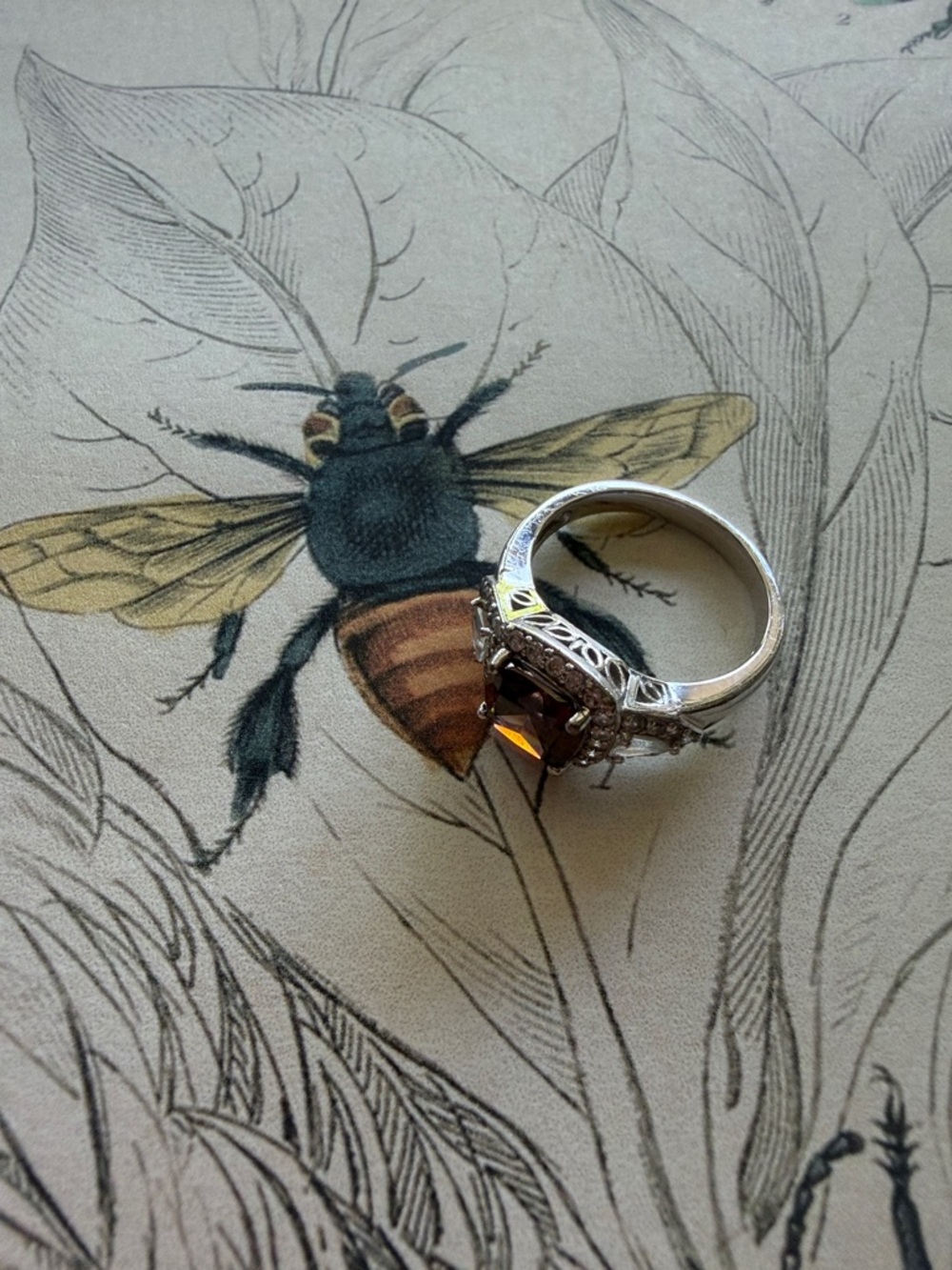 Diamonique Silver Ring with Amber-Brown Center Stone